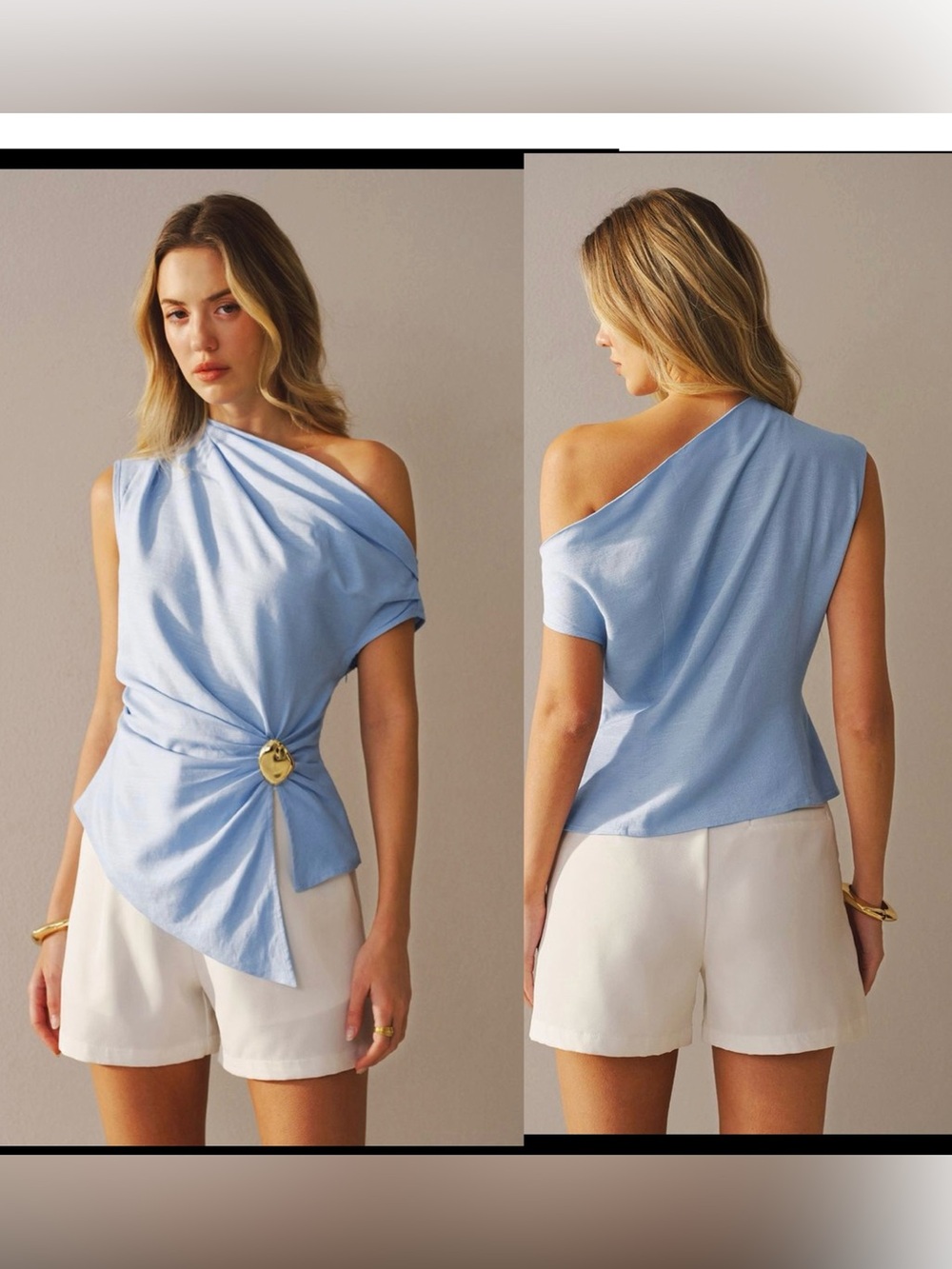 Commense light blue one shoulder linen blend buckle blouse asymmetrical Sz L NWT